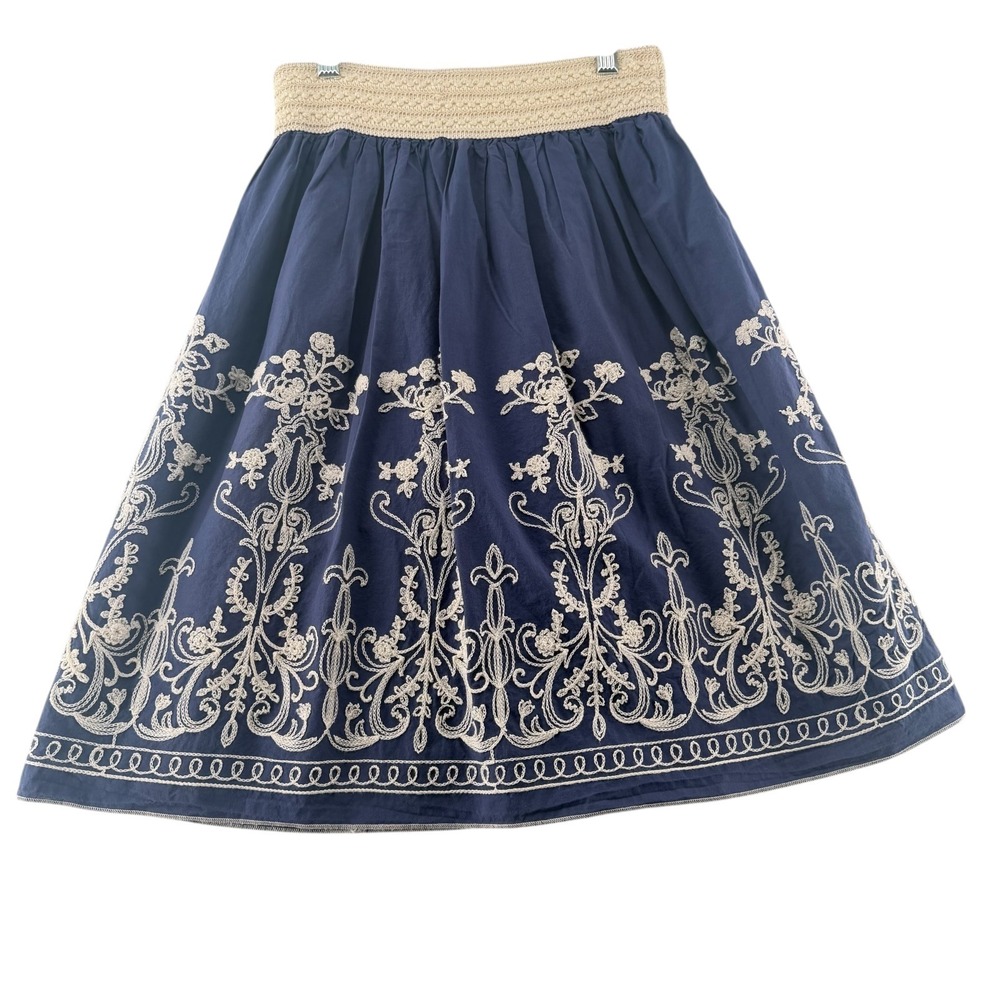 Metro Wear Embroidered 100% Cotton A-Line Skirt Lined Womens Small Blue Boho